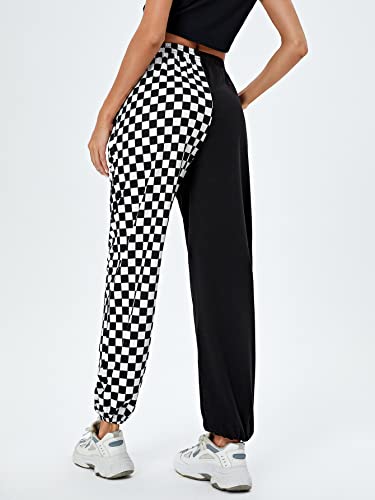 Sweatyrocks Women's Elastic Waist Color Block Checkered Print Jogger Sweatpants With Pocket Black White Xl #TOP1