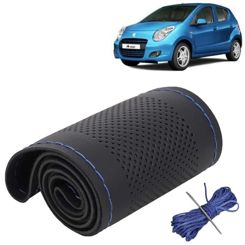 Image of KINGSWAY PU Leatherite Car Steering Cover Sewable Compatible with Maruti Suzuki A Star (Year 2008-2013), Black Color with Blue Thread, Pack of 1 with Sewing Needle and Thread
