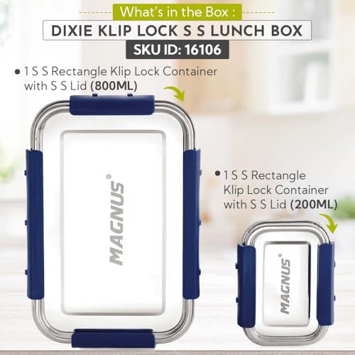 Image of Magnus Dixie Stainless Steel Lunch Box - Airtight & Leak Proof Tiffin, 2 Containers (800ml & 200ml), Ideal Lunch Box for Kids, Lunch Boxes for Office Men, Women & Picnic, Blue