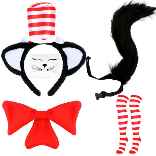gyoyede Cat Costume Accessory Set World Book Day Costumes for Adults 2026 - Hat HeadbandRed Bow Tie and Tail for Storybook Cat Character Outfit WBD Fancy Dress Up Cosplay Party Accessories