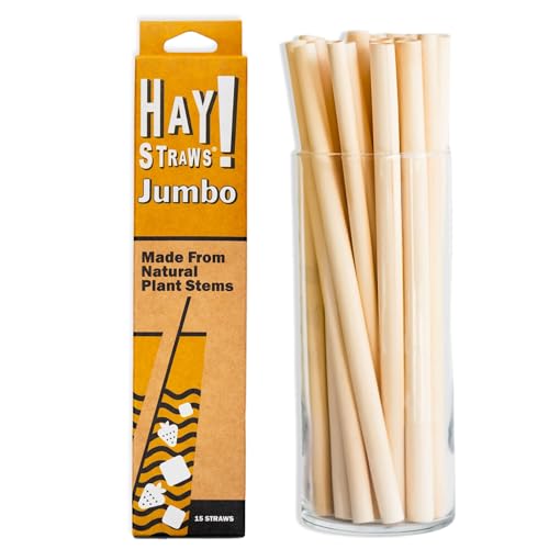 HAY Drinking Straws 8 Inch Jumbo for Smoothies Milkshake Iced Coffee - 15 Count Never Soggy Plant Based Disposable Eco Friendly - Plastic Free Reed Stem Natural Tall Straws