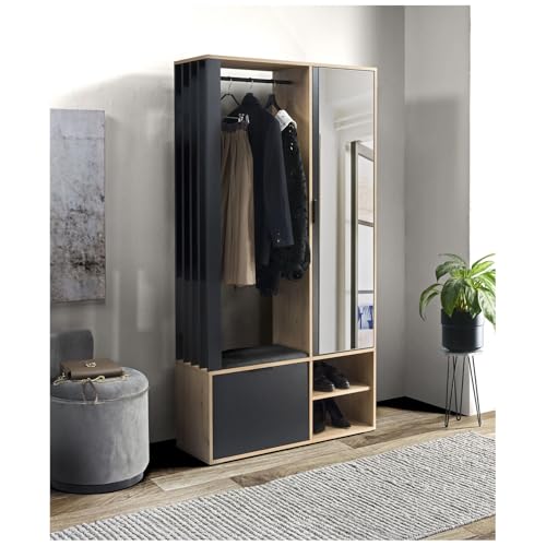 MEBLINI Garderobenschrank Flur mit Spiegel - Garderobe Schrank - Flurgarderobe schmal - Garderobe Flur Möbel Set - Flurschrank hoch - Milano - 100x33x190cm R/L - Artisan Eiche/Schwarz mit Sitzbank