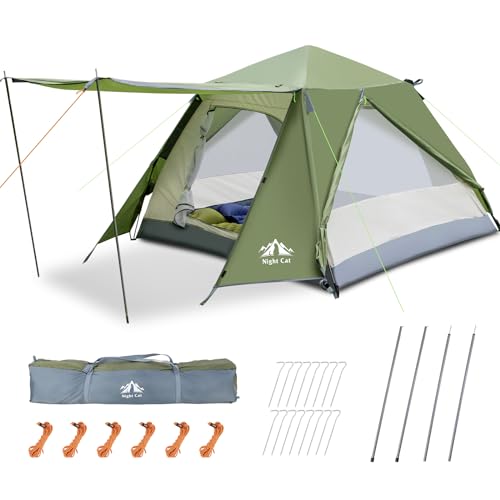 Image of Night Cat Instant Cabin Tent with Rainfly 2 3 Persons Waterproof Pop Up Tents with Porch for Family Camping Double Layers Automatic Hydraulic Easy Set Up Outdoor
