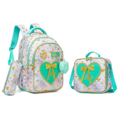 Conjunto de Mochila Infantil 3 Peças, Corações e Laço, Mochila Escolar com Bolsa Térmica e Estojo (Padrão de escamas de peixe)
