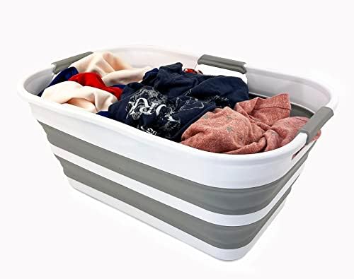 SAMMART 21L Collapsible Plastic Storge Basket - Foldable Pop Up Storage Container/Organizer - Portable Washing Tub - Space Saving Hamper/Basket (White/Grey)