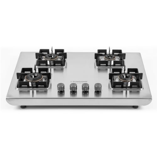 Image of Sunshine Osaka 4 Burner Stainless Steel Gas Stove | ISI Certified | High-Efficiency Brass Burners | Ultra Slim Body | Heavy Duty Pan Supports | Auto Ignition | 10-Year Burner Warranty