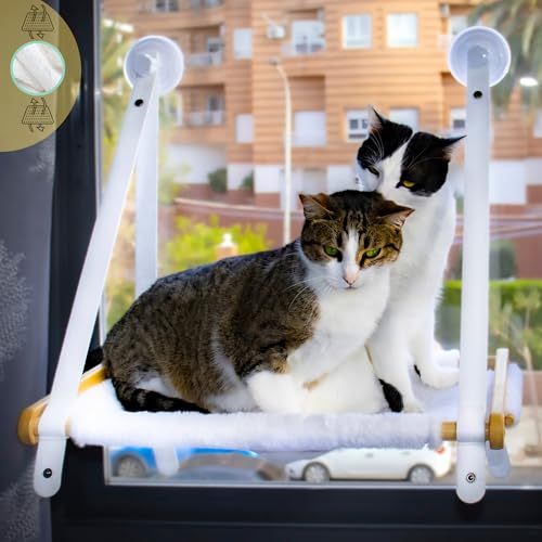Hamaca Ventana para Gato con Madera de Bambú   5 Ventosas 3.0 Super Resistentes   Cama Gato Ventana con Tela de Peluche   Instalación Facil (Manual Incluido)   [Hamaca Noah 1 Unidad]   Budosín