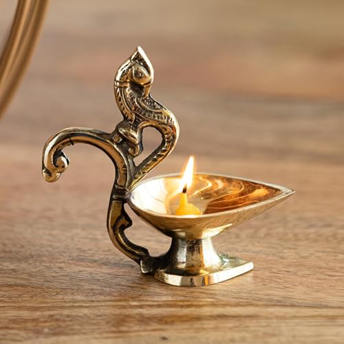Image of ExclusiveLane 'Peacock' Brass Table Diya for Puja Room Mandir (Pure Brass, 1 Wick, 4.3 Inches, 18 ML, 0.2 Kg)| Brass Diya for Puja Room Brass Ghee Diya for Puja Aarti Diya Table Diya for Home