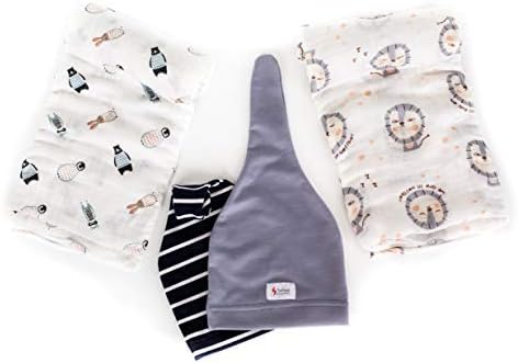 Organic Muslin Swaddle Receiving Blanket - 2 Set and Bonus 0-3 Months Black and Grey Baby Beanie Hat