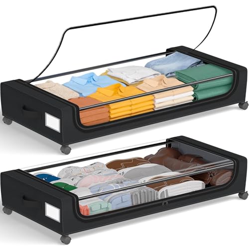 Image of GoMaihe Under Bed Storage with Wheels: 70L Underbed Storage Containers with Clear Lids - Rolling Drawers & Bins for Shoes Clothes in Dorm Bedroom - Space-Saving Easy Pull-out Black 2-Pack