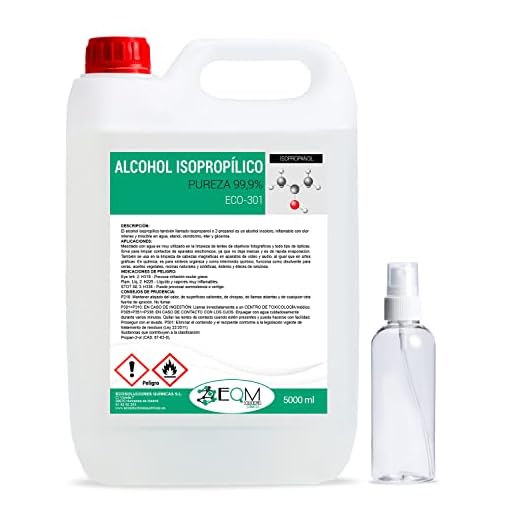 EQM SOLUCIONES QUÍMICAS | ECO-301 | 5L | Alcohol Isopropílico 99,9% Pureza | Limpieza componentes electrónicos, objetivos, pantallas | Desinfección y limpieza de superficies | Incluye pulverizador