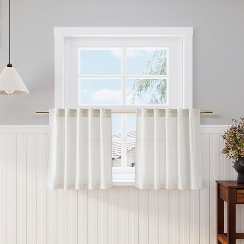 Image of Nanspring Linen Natural Curtains for Kitchen Windows Over Sink - Cafe Drapes Semi Sheer with Back Tab and Rod Pocket Lightweight Rustic Textured Cabinet Curtain for Bathroom 29 x 24 Inch, 2 Panels