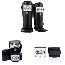 SP3 Black Medium Shin Guards + Fairtex Muay Thai Handwrap Black 180 inch +Fairtex BGV1 16 oz Black Glove
