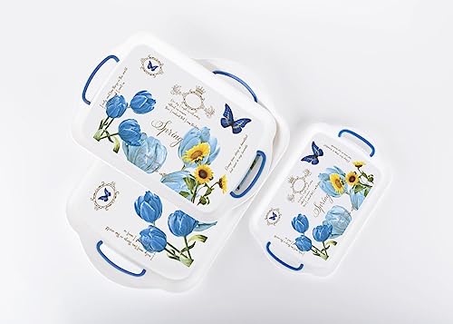 Image of Finner Premium Era Rectangular Serving Tray Set Of 3 Flower Print Design Plastic Material Glossy Finish Bpa Free Trays For Kitchen And Office And Home Decor (Black, Set Of 3)