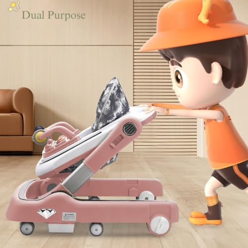 Image of Little Olive Baby Walker for Kids | Foldable & Adjustable Height Walker with Basketball Hoop, Interactive Activity Toy Bar, Comfortable Padded Seat & Smooth Wheels | Baby Walker for Boys & Girls (Pink)