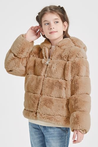 Image of Giolshon Girls Faux Fur Fleece Jacket Sherpa Fuzzy Hoodie Winter Coat with Full Zip Fluffy Outerwear 2169