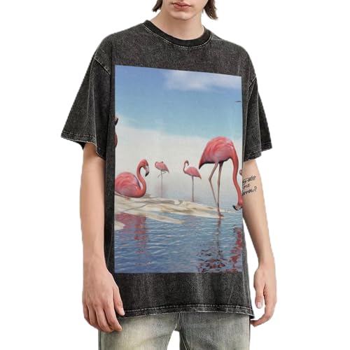 T-shirts surdimensionnés pour hommes imprimés flamants roses coupe vintage délavé