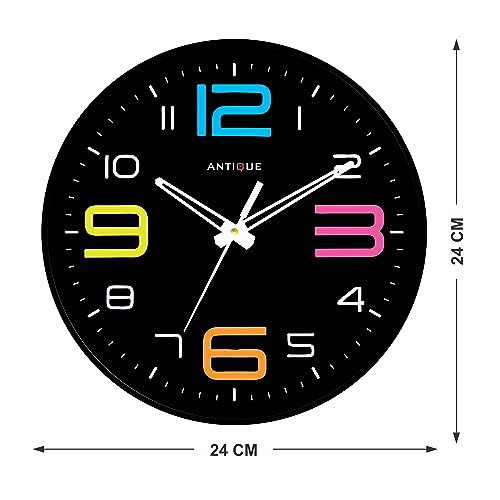 Image of ANTIQUE 10 Inch Round Shape Analog Wall Clock With Plastic And Glass For Home /Kitchen /Living Room /Bedroom /Office, Black Multicolor (25.4 X 25.4 X 4 Cm), White