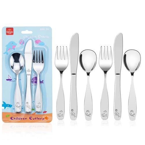 Image of Lehoo Castle Toddler Silverware 6-Piece | Stainless Steel Toddler Utensils, Kids Silverware Children Safe Flatware for Self Feeding (Ocean Park)