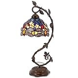 Tiffany Desk Lamp Banker Stained Glass Bedside Table Lamp Blue Yellow Dragonfly Style Metal Leaf Thin Base 21' Tall Reading Light for Bedroom Living Room Country Farmhouse WERFACTORY LED Bulb Better