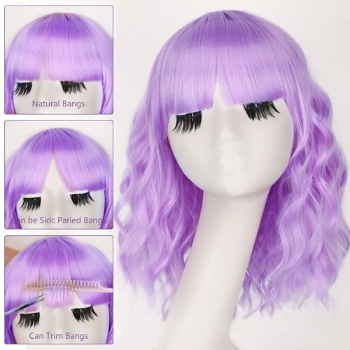 Image of AISI HAIR Light Purple Synthetic Wavy Curly Bob Wig with Bangs Short Wavy Hair for Women Synthetic Heat Resistant Bob Wigs
