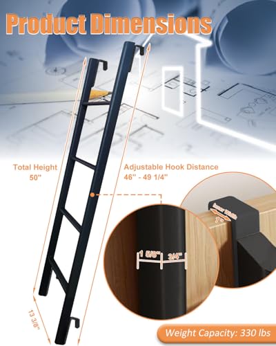Image of RV Bunk Bed Ladder One-Piece Steel, 50 inch /55 inch /60 inch /66 inch /72'' Bunk Bed Ladder with Flexible and Adjustable Hooks, Safe and Non-Slip Bunk Ladders for RV Home Dormitory, Load-Bearing 330 Pounds