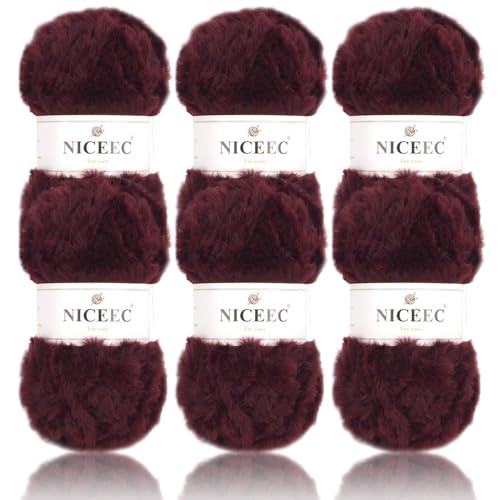 Image of NICEEC Faux Fur Yarn Super Soft, Chunky & Fluffy, Eyelash Yarn for Crochet & Knitting(Total Length 210yds /10.6oz) - Wine Red /300g