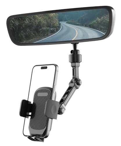 Rear View Mirror Phone Holder, Premium Aluminum Alloy Mount with Multi-Angle Adjustment, Rearview Mirror Phone Holder Mount For Car & Truck, Universal Accessories Compatible with All Cell Phone