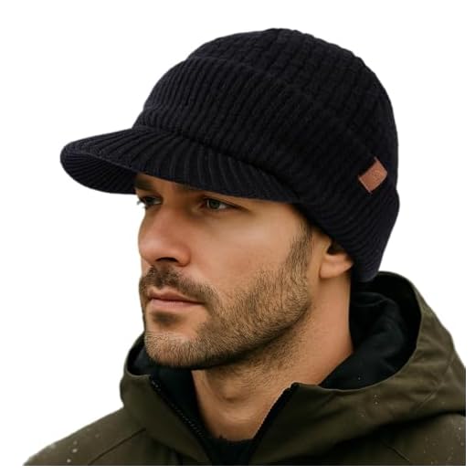 TOP-EX PolarWool™ XL/XXL 100% Merino Wool Peaked Beanie Hat Men Large Head with Fleece Lined, Winter Warm Golf Visor Beanie Hat Windproof for Golf Outdoor Work, Black