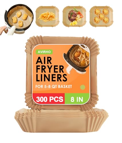 Air Fryer Disposable Paper Liners, 8"Unbleached Parchment Paper Air Fryer Liners, 200+100pcs Square, Non-Stick Oilproof Baking Paper Sheets for 5-8 qt Basket, Oven, Pan(8 inch Square-300pcs)