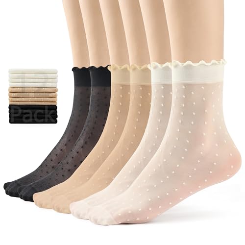 Jeasona 12 Pairs Sheer Ruffle Socks for Women Polka Dot Mesh Frilly Lace Dress Crew Nylon Socks Ruffle Thin Silk Transparent Sheer Stocking for Loafers Heels Spring Summer Black White Nude