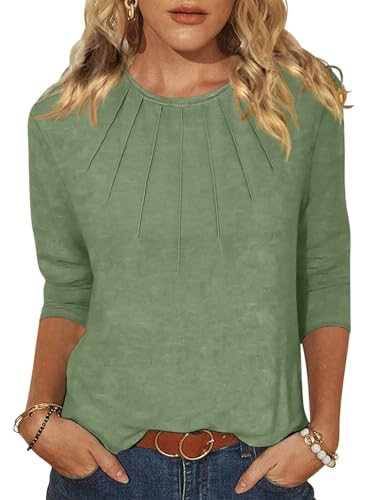 EADINVE Womens 3/4 Length Sleeve Tops Crewneck Pleated T-Shirts Casual Fall Tunic Tops Basic Trendy Clothes