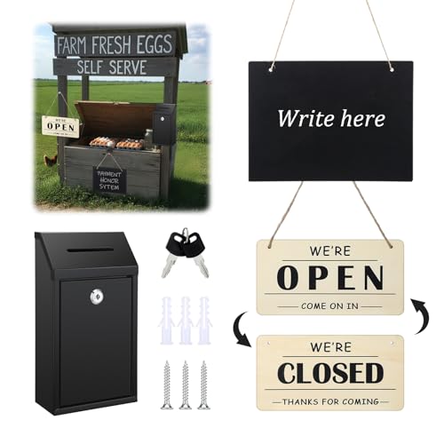 LEIFIDE Farm Self Serve Stall Supplies Included Money Cash Box with Key and Slot Message Board with Hanging String Open Closed Sign for Farm Business Home Office Outdoor(Black)