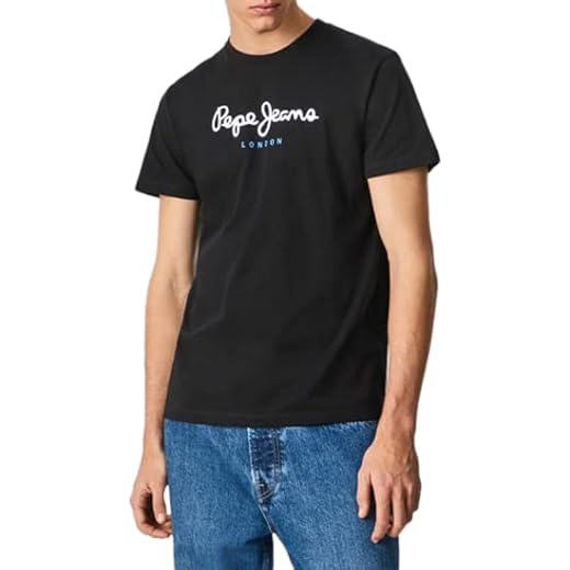 Pepe Jeans Eggo N Camiseta, Camiseta Negra Con Letras Azules, L Hombre