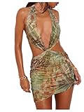 WDIRARA Women's Tropical Cut Out Halter Dress Deep V Neck Backless Bodycon Mini Dresses Green Large