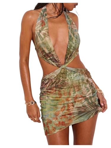 WDIRARA Women's Tropical Cut Out Halter Dress Deep V Neck Backless Bodycon Mini Dresses