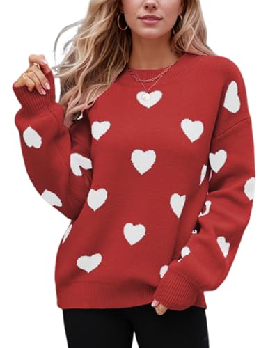 Wyeysyt Valentine Heart Sweater for Women Knit Pullover Sweaters Long Sleeve Crew Neck Casual Kawaii Sweaters(Red-M)