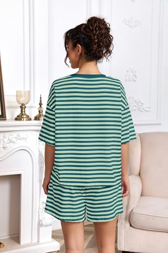 Image of Ythomm Striped Pajamas Shorts Sets Women 2 Piece Lounge Outfits Short Sleeve Tees Drawstring Shorts Summer Matching Pj Sets