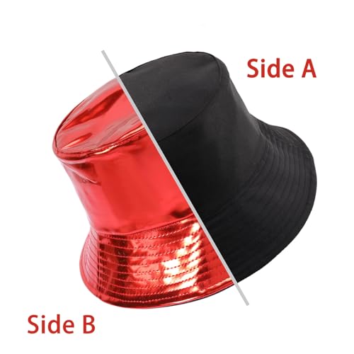 Image of Unisex Black Bucket Hat Waterproof Rain Hat Reversible Shiny Rave Bucket Hat for Concert Festival