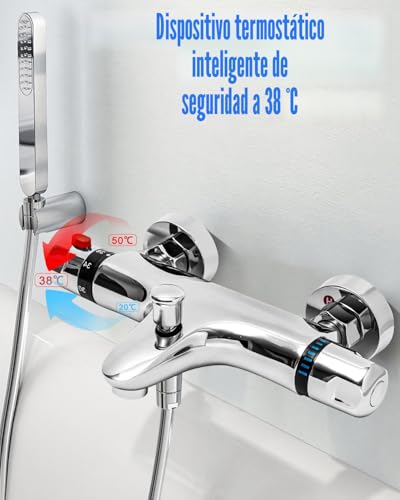 Miniatura 6 de Mezcladora De Ducha Termostática, Grifo Termostatico Bañera, Válvula Mezclador De Ducha Termostático De 38 C, Termostato Con Protección Antiquemaduras De Latón, Acabado Cromado, Con 2 Salidas De Agua