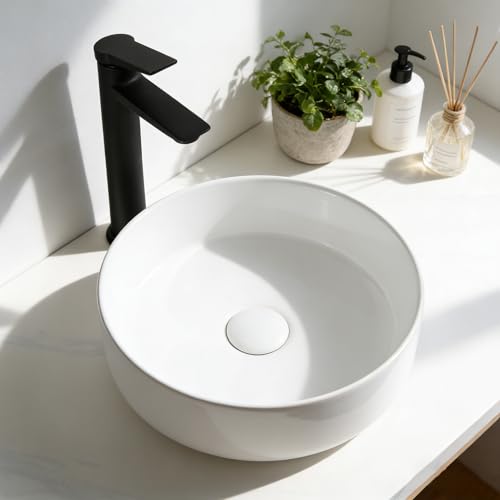 NUESTRA VIDA Lavabo da Appoggio Tondo in Ceramica, 36 cm (Diametro) x 12 cm (Altezza), Bianco, Design Compatto per Bagni Piccoli e Secondi Bagni