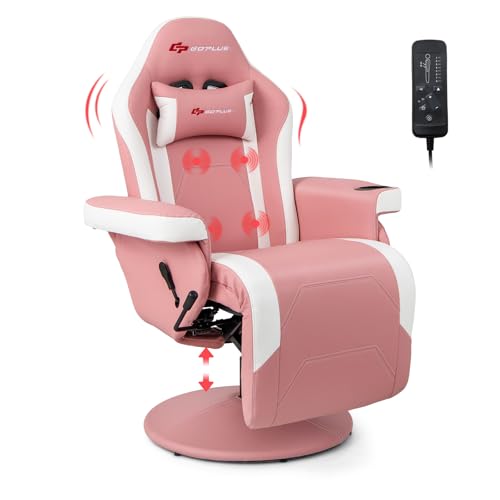 Goplus Pink Gaming Chair, Height Adjustable Massage Video Game Chair with Retractable Footrest, Cup Holder, Headrest, Swivel Office Chair, Racing Style Swivel Gamer Chair
