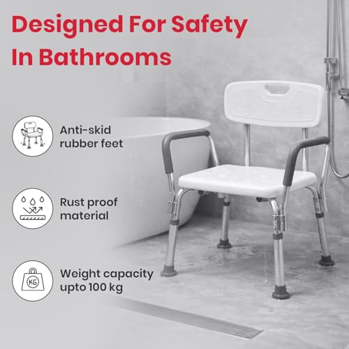 Image of Antara AGEasy (Max Group) Safesit Shower Chair for Seniors | Adjustable Bath Stool with Padded Armrests & Back | Shower Chair with Removable Back & Height Adjustable Legs for Bathroom, Bathtub