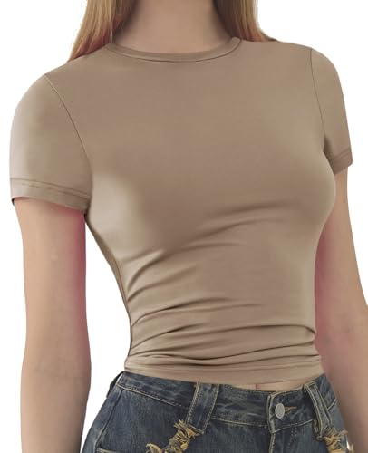 Womens Basic Short Sleeve Slim Fit T Shirts Soft Crewneck Crop Y2k Tees Summer Stretchy Cute Tops Khaki L