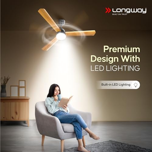 Image of LONGWAY Luminair Max 1200 mm BLDC Ceiling Fan with Remote Control & LED Light | BEE 5 Star Rated Energy Efficient | Ultra High Speed 3 Blade Anti-Dust Decorative | 5 Years Warranty (Golden Birch)