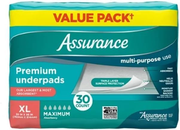 Assurance Unisex Premium Quilted Underpad, Maximum Absorbency, XL, White, 30 Count