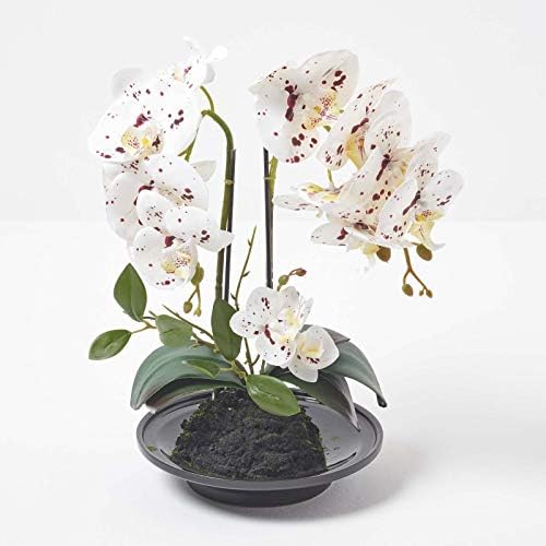 HOMESCAPES Artificial White Orchid in Pot 36 cm Tall Lifelike Faux Orchid Plant In Black Ceramic Bowl with Real Touch Silk Flowers and Green Leaves Phalaenopsis Orchid Flower for Indoor Decoration
