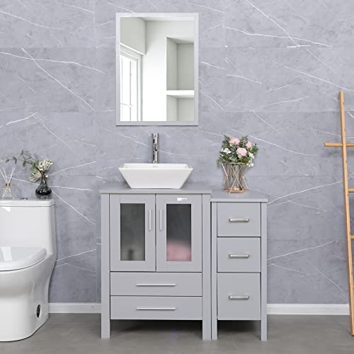 Uev 36" Grey Bathroom Vanity And Square Sink Combo, Ceramic Vessel Sink, Chrome Faucet,Drain Parts,Mdf Bathroom Vanity Top, Sink Vessel Bowl,Mounting Ring,Removable Side Vanity #TOP14