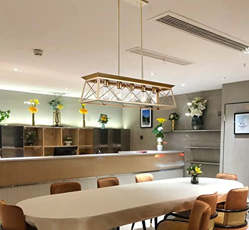 A1A9 5-Lights Gold Farmhouse Rectangular Chandeliers, Kitchen Island Ceiling Lights Lamps With Metal Grille, Linear Island Pendant Light Fixture For Dining Room Living Room Pool Table #TOP2