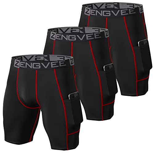 ZENGVEE Men's 3 Pack Compression Shorts Cool Dry Running Base Layer Shorts with Phone Pockets for Boxing,Training, Workout, Gym(1011-3BlackRed-2XL)